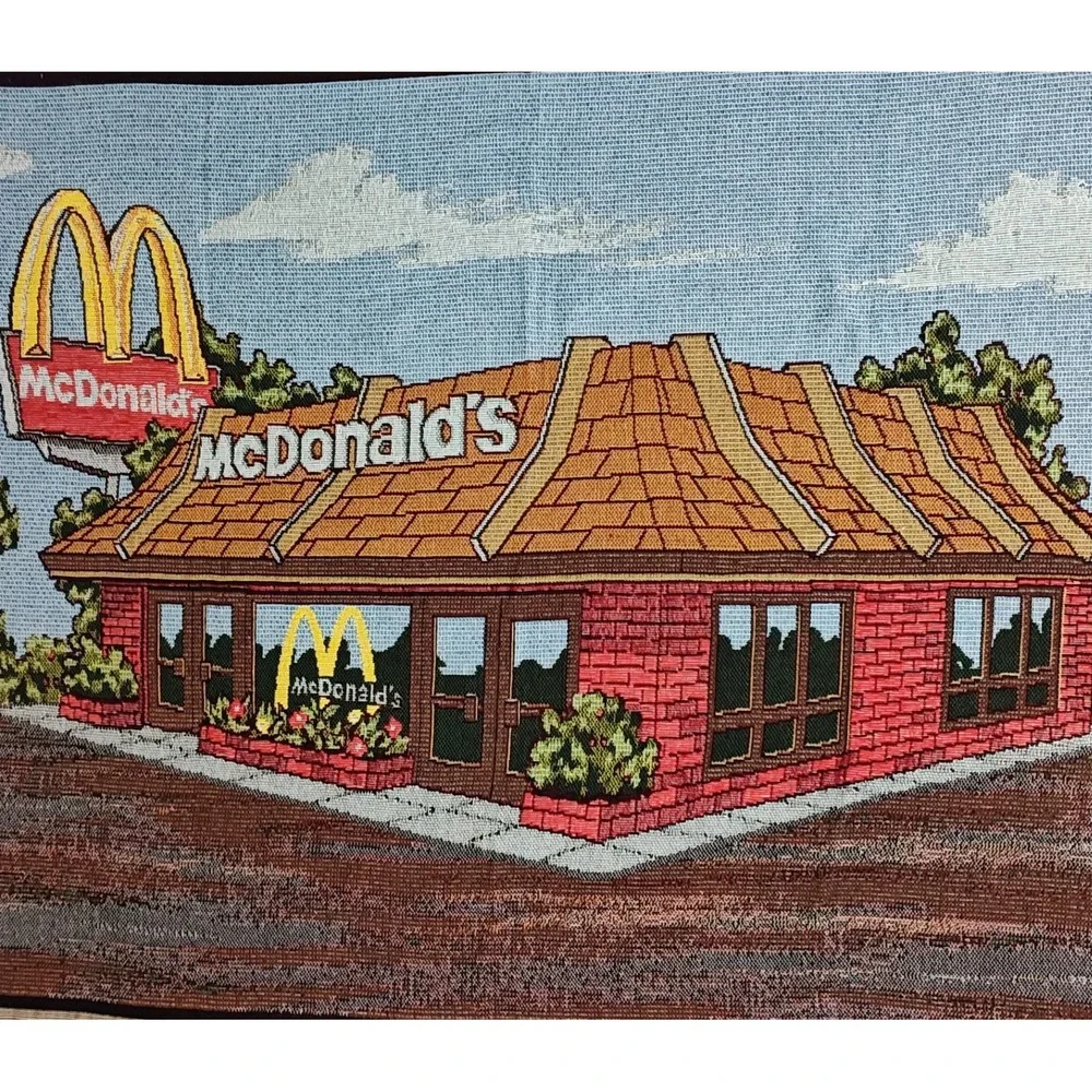 Vintage McDonalds Woven Tapestry Blanket Blue Red Vintage Retro Restaurant USA
